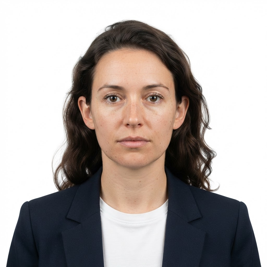 Passport photo sample of a woman in a blazer